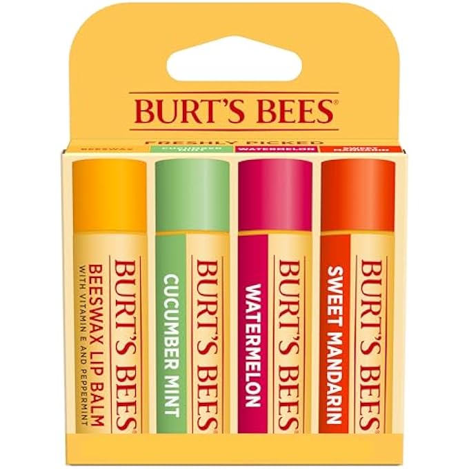 Burt's Bees LIP BALM STOCKING STUFFERS, MOISTURIZING LIP CARE CHRISTMAS GIFTS, FRESHLY PICKED - ORIGINAL BEESWAX, CUCUMBER MINT, WATERMELON, & SWEET MANDARIN, NATURAL ORIGIN TREATMENT (4-PACK) - Image 1